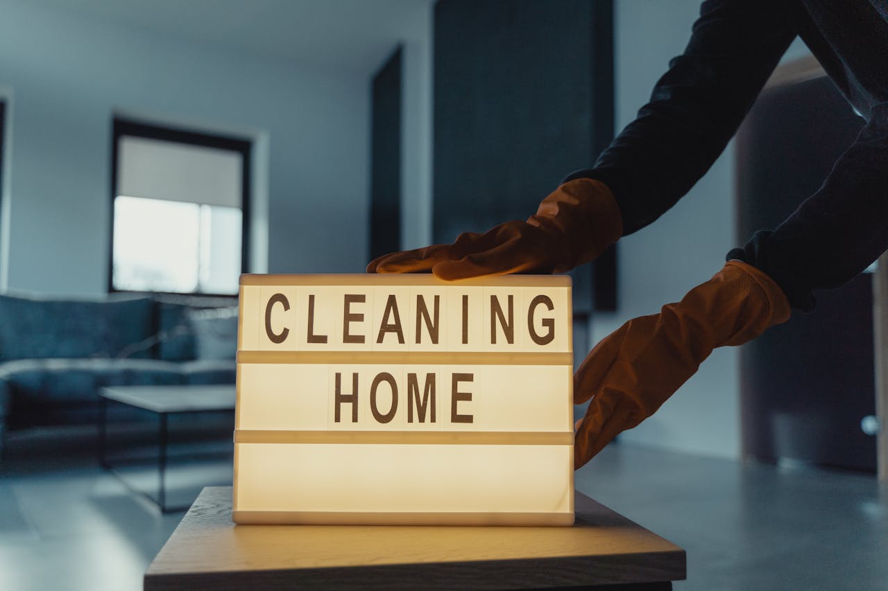 hero-img Close-up of hands with rubber gloves holding an illuminated lightbox saying Cleaning Home.
